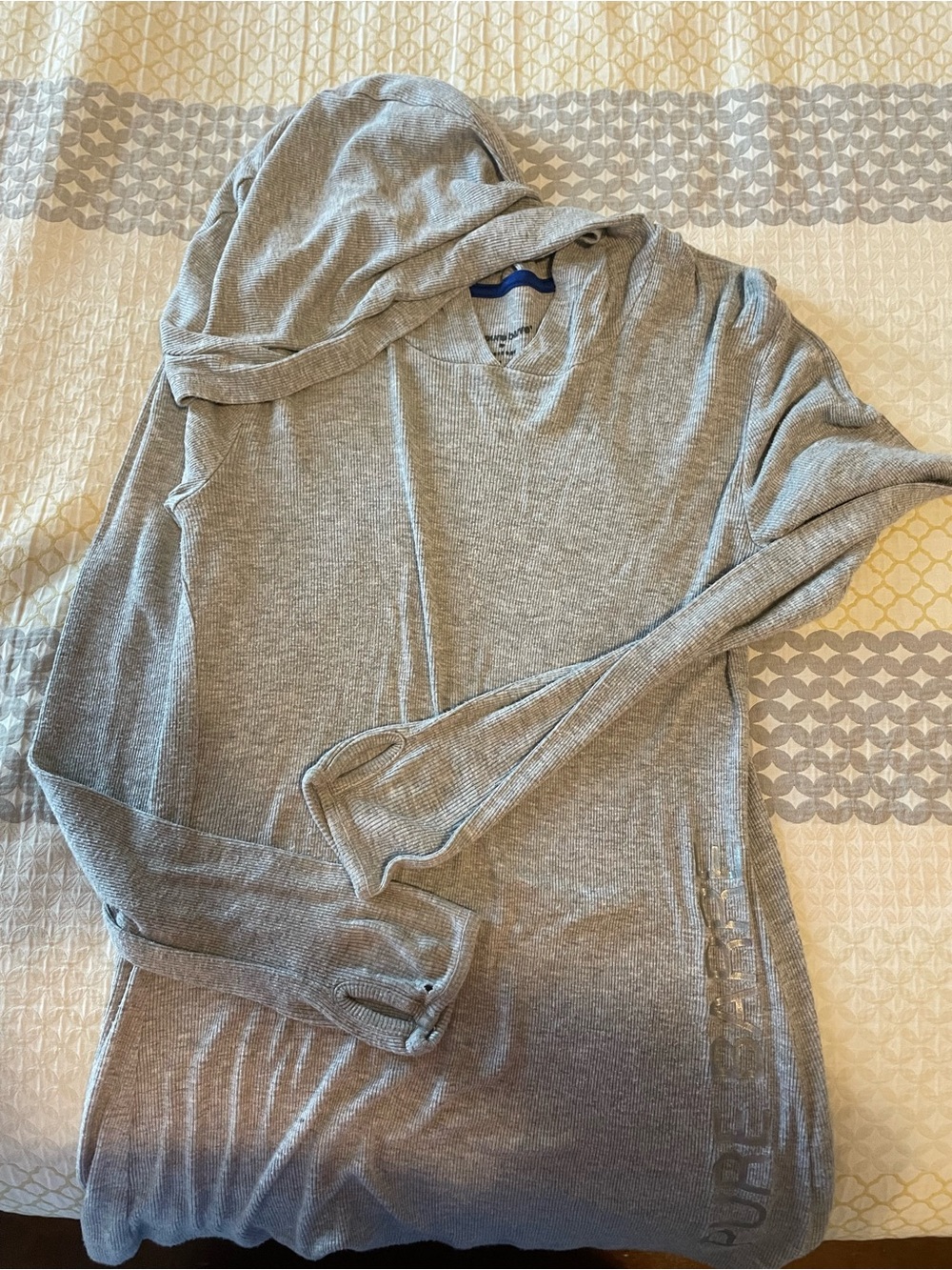Pure Barre Light Gray Ribbed Hooded Top with Navy Trim